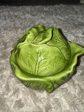 Vintage Holland Mold Green Cabbage Ceramic Covered Bowl
